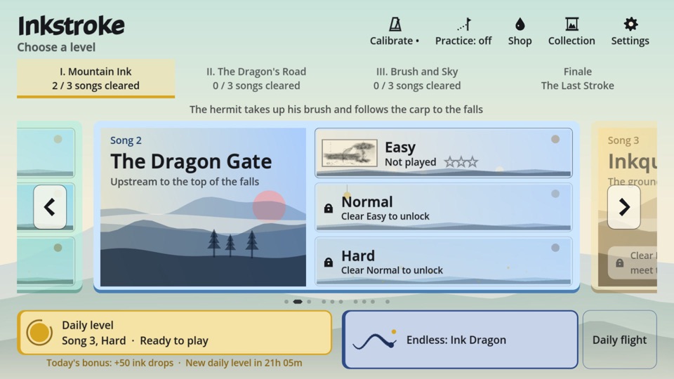 Level select: chapters, the daily level, Endless: Ink Dragon and Easy, Normal and Hard
