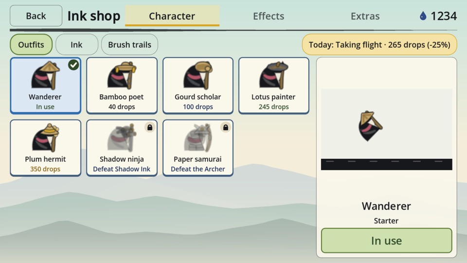 The ink shop: outfits, ink colours and brush trails bought with ink drops