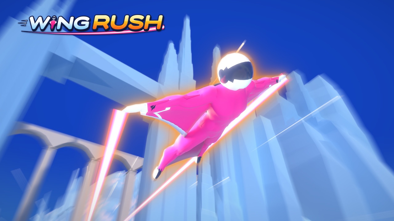 A pink wingsuit pilot streaks past icy towers and a stone viaduct, under the Wing Rush logo